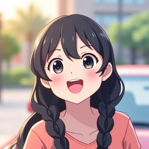  1 girl,  black hair,  very long hair ,  Background Blur,  bangs between eyes, Curly Hair,  single hair ring ,  long, braided hair,  shows teeth and laughs ,  happy/joy,  eyes sparkle,  laughing in front of the car , Round eyes,  big sparkling eyes,  long ...