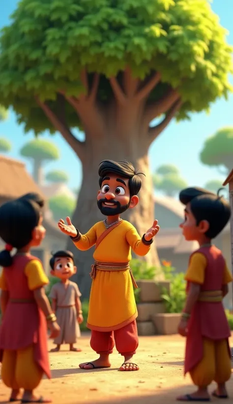 In 3 d cartoon animation"रमेश गांववालों के बीच खड़ा है, उनके सामने पेड़ की ओर इशारा करके समझा रहा है। गांववाले ध्यान से उसकी बात सुन रहे हैं। कुछ के चेहरे पर उत्सुकता है, तो कुछ के चेहरे पर हल्की झिझक। बैकग्राउंड में पेड़ और गांव का दृश्य है।