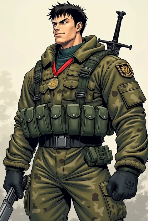  Smiling Guts from Kentaro Miuras manga on his right shoulder "Berserk".  right eye closed .  Holds , throwing a big sword .  Standing with the Russian Army Medal.  In the camouflage of the Russian Army .