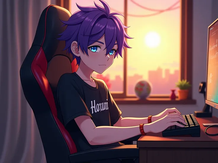 a  old boy, with purple hair with white highlights, crystal blue eyes, he wears a red bracelet, a black shirt with the word Harumi written on it, with a white color, he is sitting in a gamer chair in his room, while the sunset light enters through the wind...