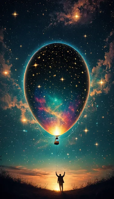 a magic balloon hovers in the sky among the sparkling stars