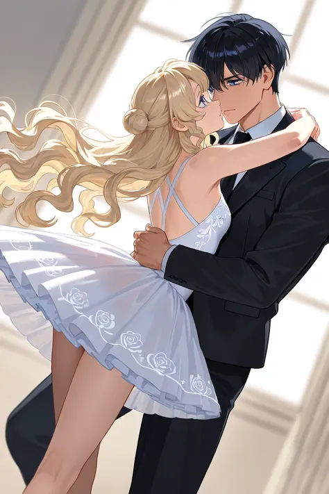 Tall teenager handsome with Black hair light cold blue eyes tall handsome bad temper wearing black clothes and a ballerina girl with blonde long wavy hair and blueish eyes in a magic land wearing a white delicate dress