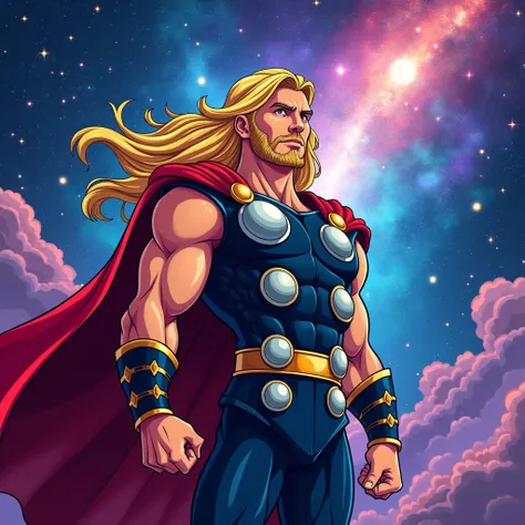 Vector of Mini Cartoon of Thor with Colorful Galaxy as the background. (Show from his Shoulder until Hair)
