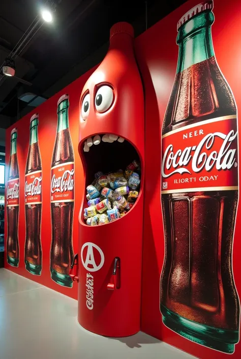 Wall with ANIMATED BOTTLE swallows garbage for four types of selective Coca-Cola collection