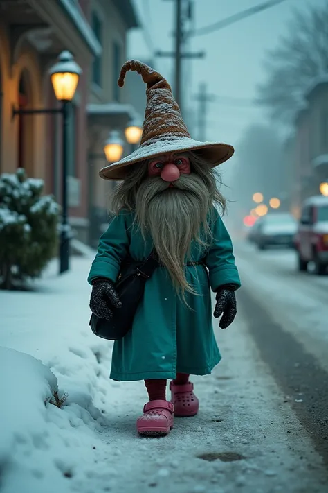 Gnome creature, invisible eyes covered by a long pointed brown hat. Hair and beard cover the face, only the nose is visible. Wearing a long-sleeved turquoise robe. Classic pink Crocs rubber sandals. Both hands wearing black gloves. Wearing a black sling ba...