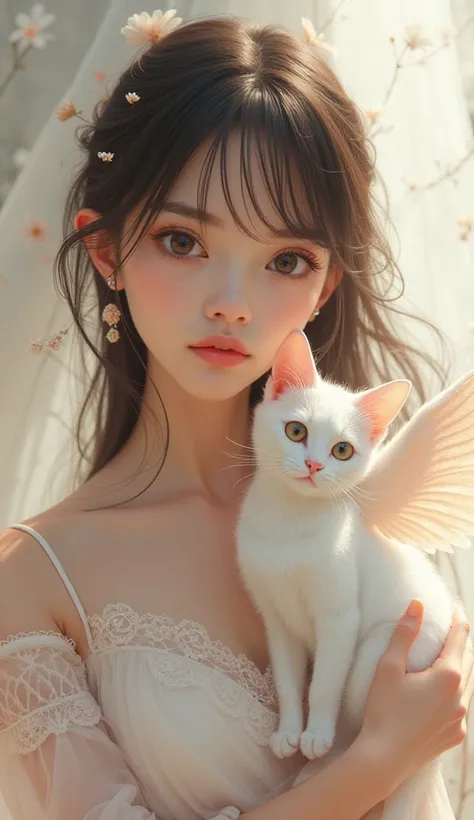 beautiful girl　bangs　Winged cat　Shortcuts　cat Ears　White cat