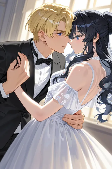 Tall teenager handsome with Black hair light cold blue eyes tall handsome bad temper wearing black clothes and a ballerina girl with blonde long wavy hair and blueish eyes in a magic land wearing a white delicate dress