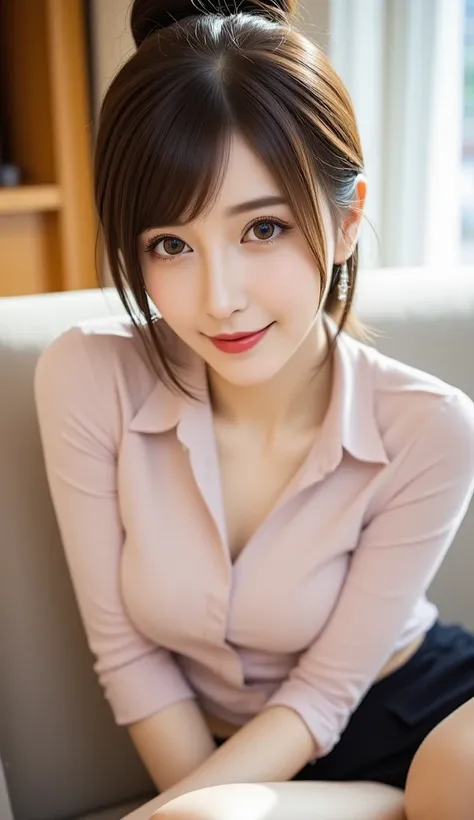 12Ｋ、ＨＤＲ、 bits deep 10 bits 、 cute hair ornament、Hair tied up、 charming posing、 (  realistic  ) , (photo  realistic  :1.4), masterpiece,  is very delicate and beautiful ,  very detailed bust ,(  light brown haired  )、A woman who exudes adult appeal  、 clear...