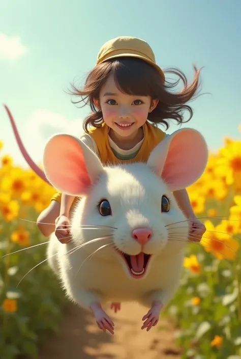 ultra-realistic, photorealistic, dramatic scene, global-illumination, (20 years old Japanese famous idol girl:1.5), She is riding on the huge mouse in the flower field, she is holding on to the mouse neck, mouse is running powerfully, amazing view of beaut...