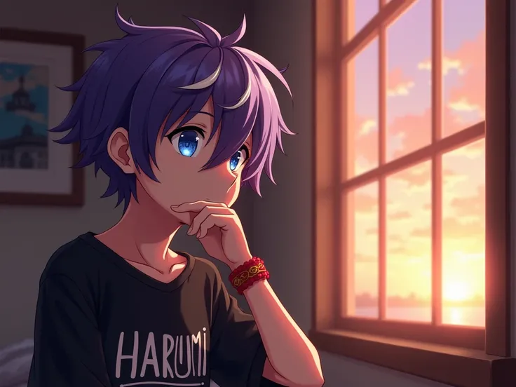 a  old boy, with purple hair with white streaks, crystal blue eyes, he wears a red bracelet, a black shirt with the word Harumi written on it, with a white color, he is looking at the window with his hand on his chin in his room, while the sunset light ent...