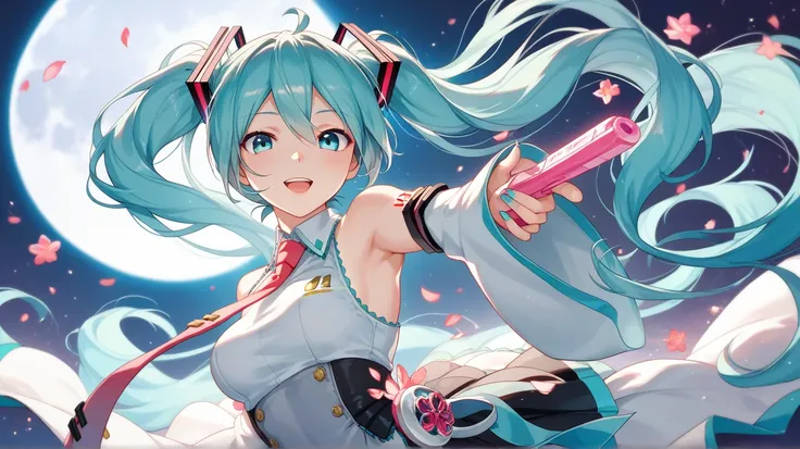 Hatsune Miku looks at the silver moon while holding a shamisen, vibrant,looking at viewer, masterpiece,  Very Aesthetic Masterpiece,  top quality ,