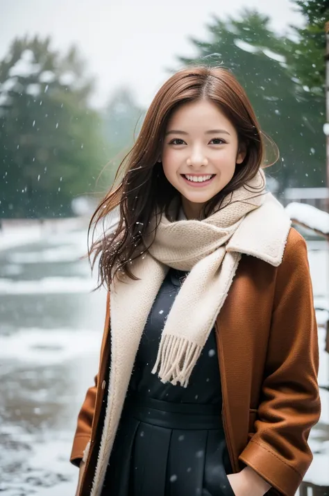 (8k, RAW photo, photorealistic, HQ, masterpiece), a cute Japanese girl,(glowing eyes), 
(laugh:1.2), brown hair, fluffy Pixie Bob hair, large breasts, (Stylish winter outfits, Scarf, coat, long skirt), 
standing pose, Seductive pose, (The weather is a snow...