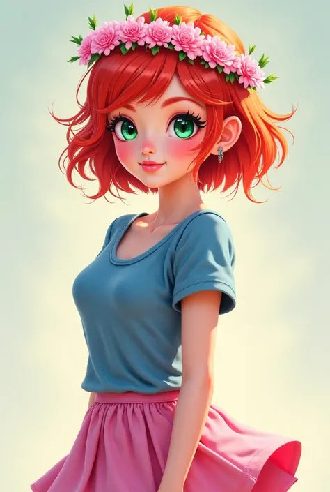 One with short red hair ,  green eyes,  a denim top a pink denim half tennis skirt and a pink flower tiara in the RPG style