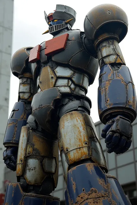 A very realistic version of the giant Mazinger Z armed with weapons、58 meters high 、 with other industrial elements visible 。steel、 a very realistic version of the Mazinger Z composed of modern materials such as carbon fiber 、 stands in a forward leaning p...