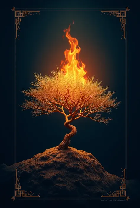 Design a sophisticated wallpaper featuring the Burning Bush of Moses as a small, thorny shrub, glowing with vibrant, ethereal flames in golden and orange hues. The flames should appear to hover lightly above the bush, radiating a divine and mystical aura w...