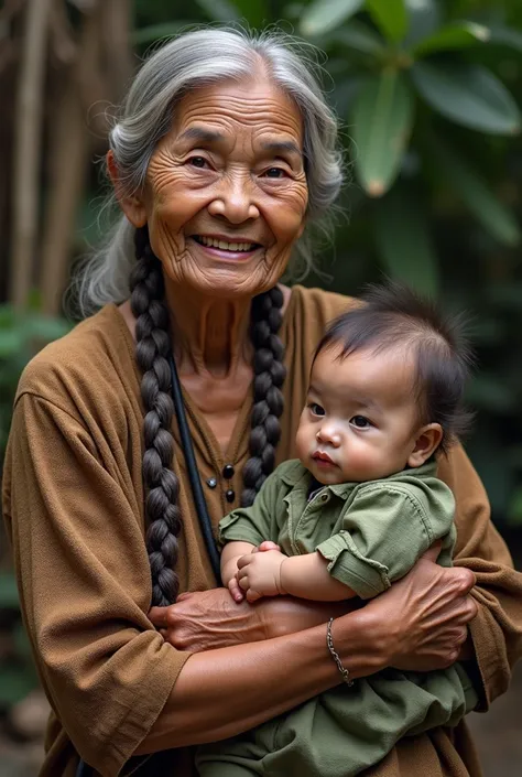 High Resolution 8k HD Photos Indian old woman in old seaweed dress with a merciful face holding a  in her arms, smiling, cheerful , good mood, clear light, bright colors, high resolution,  masterpieces , qualityที่ดีที่สุด,  high profile , quality,  very d...