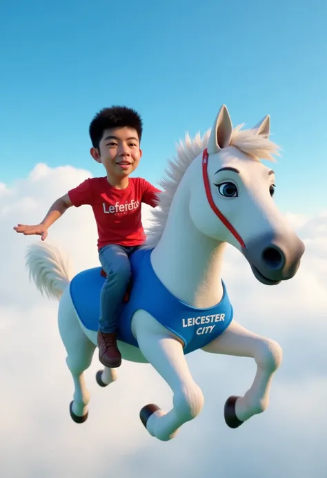 3D Pixar, A boy wearing  a red "Liverpool" T-shirt riding on the back of a white horse that wearing a blue "Leicester City" T-shirt fly on the sky laughing and having fun.