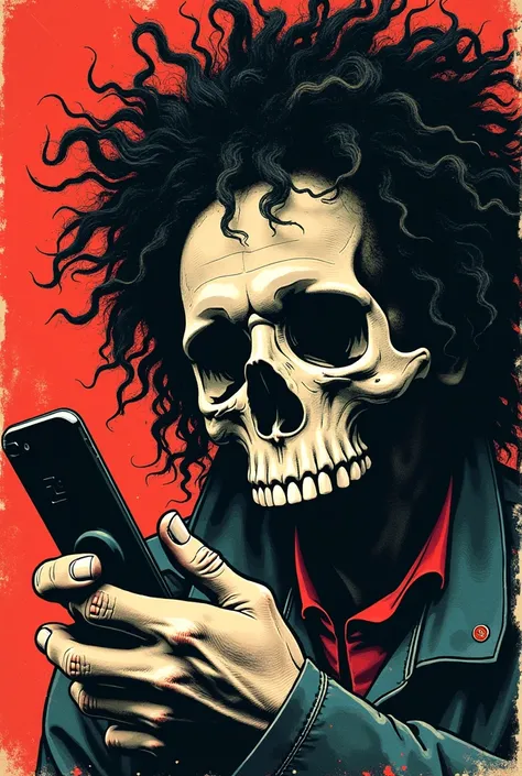 a close up of a poster with a person holding a cell phone, an album cover inspired by Syd Barrett, tumblr, sots art, skull design for a rock band, punk rock album cover art style, zine cover, in style of heavy metal comic, punk rock poster, myself, album c...