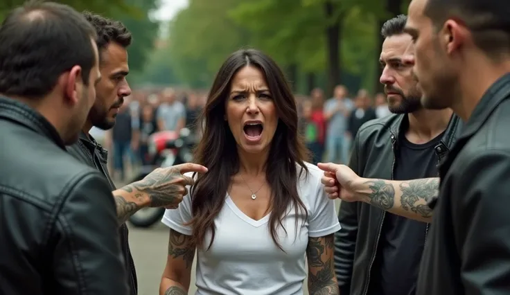 An American woman, long black hair, wearing a white shirt, about 40 years old. She is shouting loudly. Around her are 4 tattooed Americans wearing black leather jackets pointing at her face. The scene takes place in a park, in the distance there are motorb...