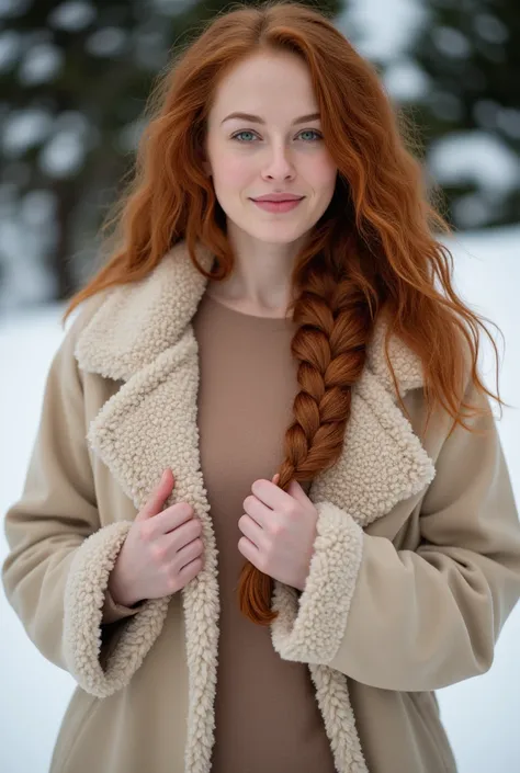 8k, RAW photography of Madelaine Petsch, full body shot, shot taken from far of a beautiful redhaired woman, professional photography of a redhead model, The model is posing in a snow, wearing beige fur coat, Hair braided into a braid, belgium mountain res...