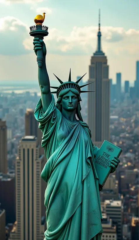 "A hyper-realistic vertical 9:16 image of the Statue of Liberty taking a selfie from a high angle, in a futuristic cityscape with modern skyscrapers and a dramatic skyline. The statues pose is playful, holding an arm out as if taking a selfie, with intrica...