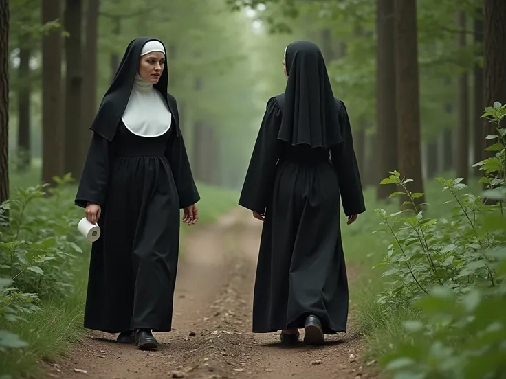 A Greek nun is walking through a forest with another nun, one dressed in black and the other in her underwear One of them needs to relieve herself and is squatting naked revealing her naked bottom at the edge of the forest path while the other nun hands he...