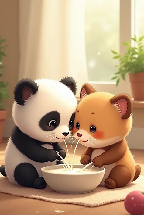 A baby panda and baby kitten sharing a bowl of milk, with their tiny faces close together and messy whiskers.

