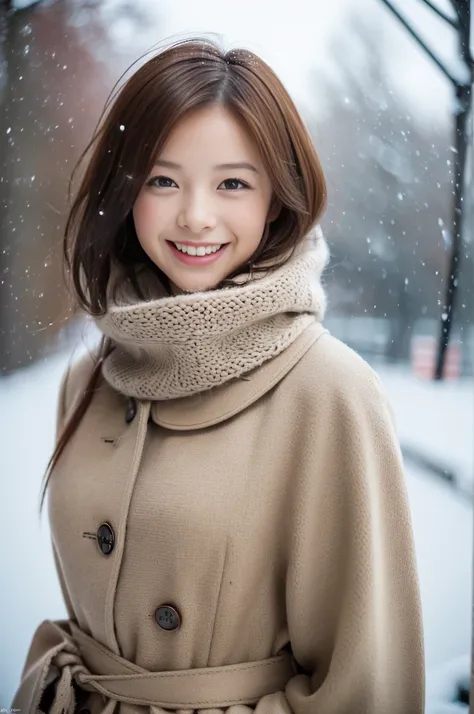 (8k, RAW photo, photorealistic, HQ, masterpiece), a cute Japanese girl,(glowing eyes), 
(laugh:1.2), brown hair, fluffy Pixie Bob hair, large breasts, (Stylish winter outfits, Scarf, coat, long skirt), 
standing pose, Seductive pose, (The weather is a snow...