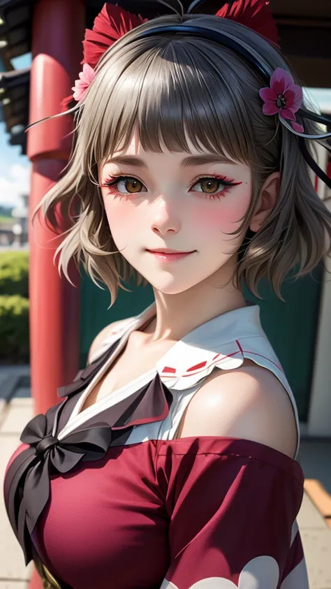 (((solo))), 1 woman, Sakuya Kurobane, sakuyaunif, kurobane_sakuya, (brown eyes), short hair, grey hair, black hairband, blue hair flower, red eyeliner, blush, smile, beautiful chest, middle chest, upper body, japanese shrine, japanese miko