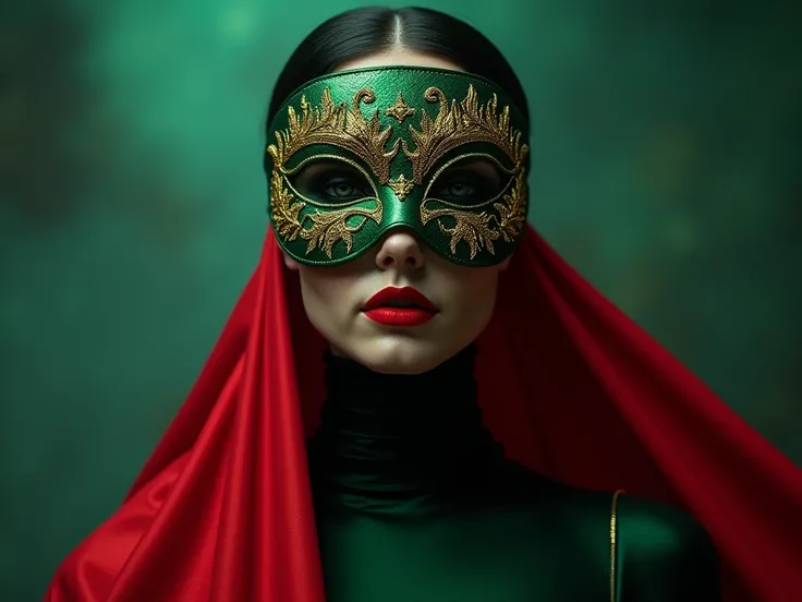 "Create a character who is a brilliant illusionist with a mask resembling a blindfold, crafted from deep emerald green with intricate golden accents. The mask covers their eyes, giving the appearance of someone who cannot see. Their attire includes a strik...