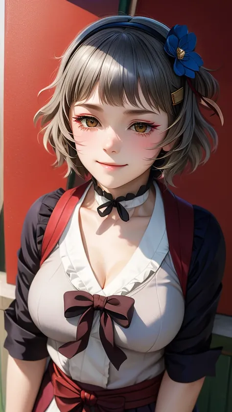 (((solo))), 1 woman, Sakuya Kurobane, sakuyaunif, kurobane_sakuya, (brown eyes), short hair, grey hair, black hairband, blue hair flower, red eyeliner, blush, smile, beautiful chest, middle chest, upper body, japanese shrine, japanese miko