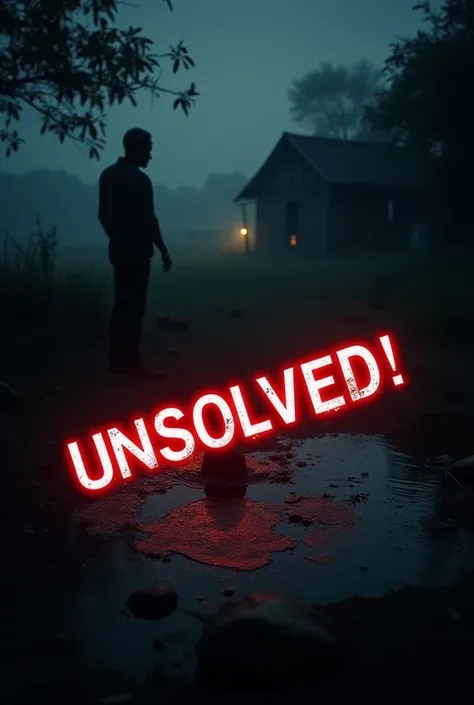 Create a high-contrast and suspenseful thumbnail for a gripping crime mystery video. The thumbnail should feature a dark, eerie rural backdrop with a foggy atmosphere. Include a silhouette of a man standing near an old house, with glowing yellow eyes faint...