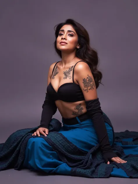 Shriya sitting on floor wearing a blue and black saree,in her body there is a tattoo,with big letters "SHRiYA" and a gracious look on her face. The background is a color gradient, studio setting
 