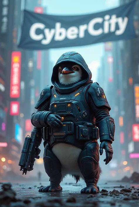 Penguin disguised as a cyberpunk soldier written Cybercity in it, holding a futuristic rifle, banner written Cybercity fluttering in the wind