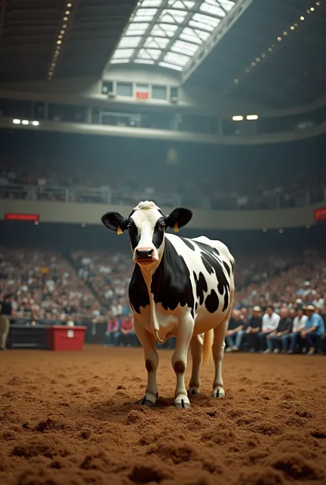 national geographic documenteries style photography and lighting, highly detailed and high resolution photo, An auction hall is seen, crowded with people sitting on the background stands. In the middle of the picture there is a holstein cow standing presen...