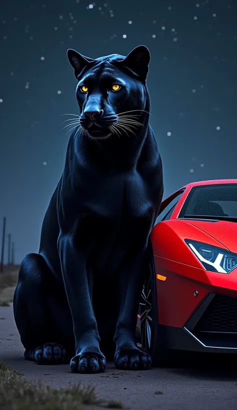 " On a Starry Night ,  a large black panther sits elegantly next to a bright red Lamborghini .  The panther has shiny fur and yellow eyes that stand out in the dark .  Its muscular body reflects a powerful presence . The Lamborghini ,  with its aerodynamic...