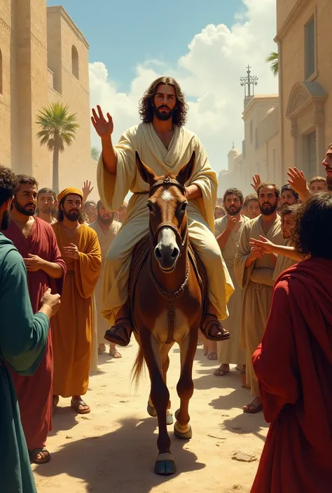 Jesus entering Jerusalem on a donkey and the crowd rejoicing 