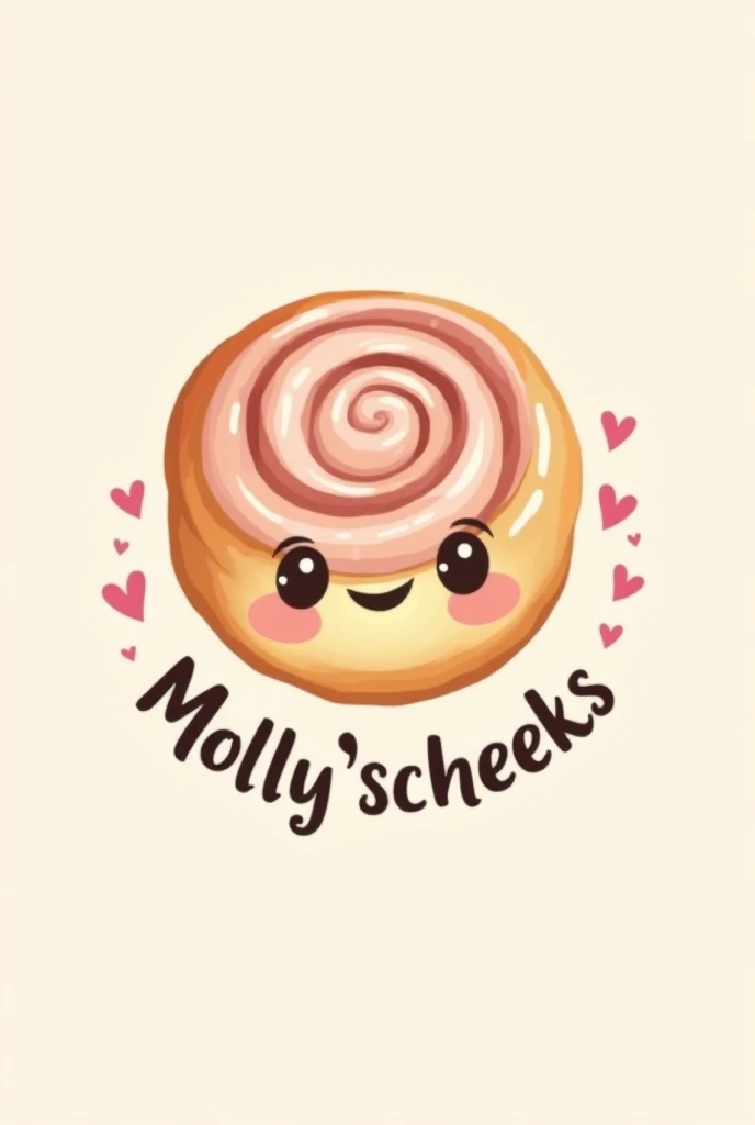 Logo for cinnamon Rolls brand called "Mollyscheeks"                           Main Element (Cinnamon Roll):

Design a round cinnamon roll in the shape of a smiling face.
Focus on giving the cinnamon roll prominent, plump "cheeks" with soft pink gradients t...