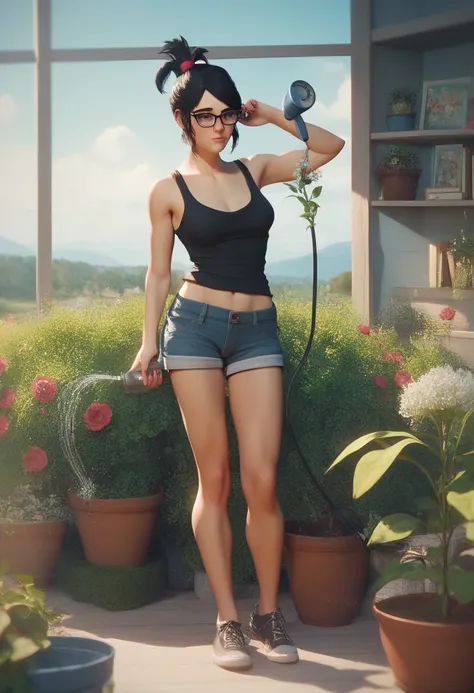 4K,  Masterpiece, สาวGardener,Black hair,Hair tie, Wearing Glasses,black eyes, shy,Gardener, Piran Din ,Tank top,backyard, sexy,Watering  ,นมใหญ่, ,  Shorts,Pose 