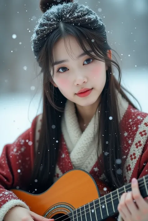  Beautiful brunette Oriental woman ，  playing a guitar in a snowflake  , Beautiful oriental brown-haired woman wearing winter clothes  ,一张  high resolution 的照片，A young Asian woman ，     with long straight black hair hanging down the back    ，Fair skin tone...