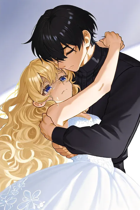 Tall teenager handsome with Black hair light cold blue eyes tall handsome bad temper wearing black clothes and a ballerina girl with blonde long wavy hair and blueish eyes in a magic land wearing a white delicate dress. The girl is dying in his arms. The g...