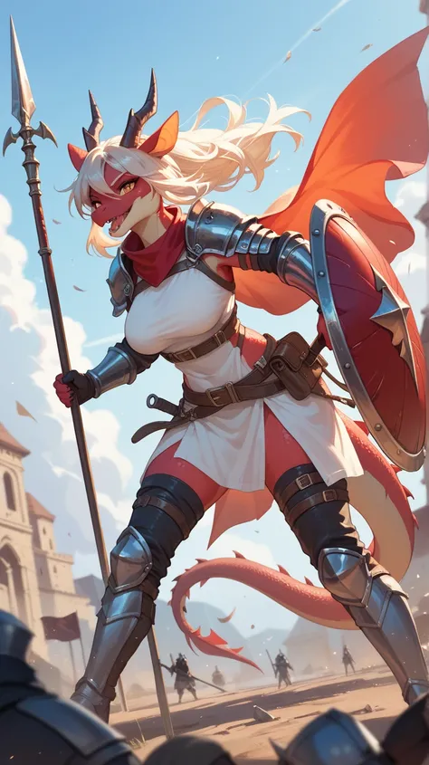 Female anthro dragon knight, on a battlefield, holding a spear and shield 