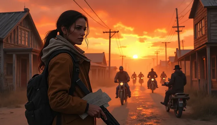 In a fiery sunset over the rugged town of Clearwater, all key characters are captured in a dramatic, ultra-realistic scene. Rachel Carter stands at the center, clad in her old pilot jacket, gripping a shotgun firmly, her piercing gaze fixed on the horizon....