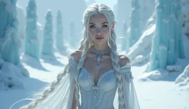 A majestic snow queen with long, intricately braided silver hair cascading down her back, her face adorned with delicate, crystalline ice jewelry that glistens like frost in the sunlight. Her pale, luminous skin radiates an otherworldly glow, accentuated b...