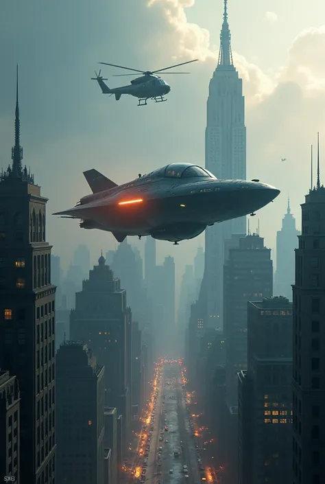 spaceship flying over a city with a helicopter and a helicopter, depicted as a scifi scene, beautiful sci fi art, space opera and dystopian style, in fantasy sci - fi city, sci fi epic digital art, sci - fi city, sci fi city, sci fi artwork, sci - fi scene...