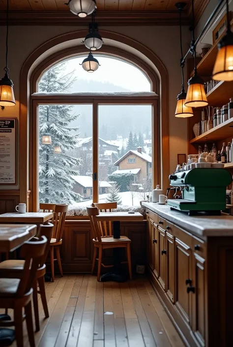  An ultra-realistic, cinematic image of a cozy coffee shop in a winters day . through the window,  a snow-covered village is visible ,  with charming houses and snowy trees . INSIDE THE COFFEE SHOP,  the atmosphere is warm and welcoming :  wooden tables an...