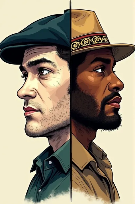 2-sided image of 2 men, one side of a white man wearing a beret and the other side of a mulatto man wearing a hat in the Maori drawing style