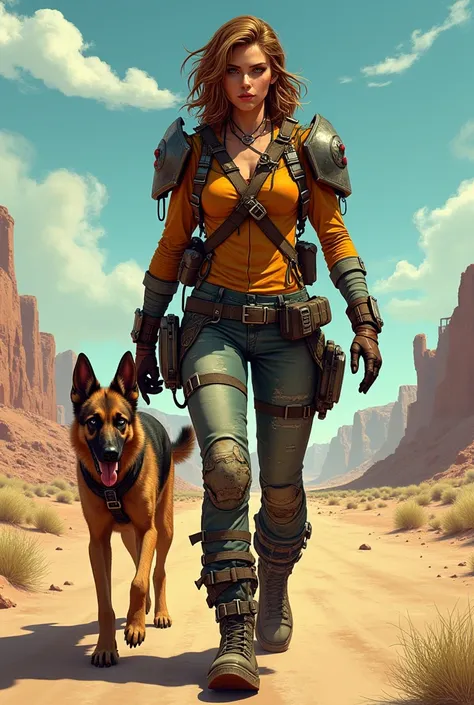 I would like a Fallout New Vegas-themed character who is accompanied by a German shepherd, dont make it too realistic and expand the background 