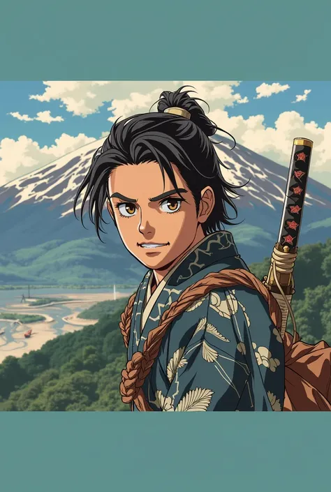 "A realistic portrayal of a young Japanese samurai inspired by traditional anime art. The character has short, slightly messy black hair tied in a top knot, intense brown eyes, and wears a detailed blue kimono with intricate patterns. He carries a katana s...