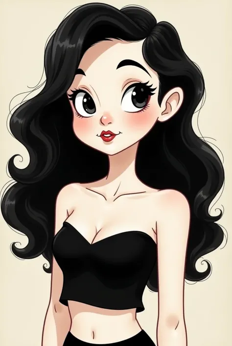 Disney 2D old film art, girl with white skin, black curly long hair, short black strapless blouse showing her belly, black eyes, lineart